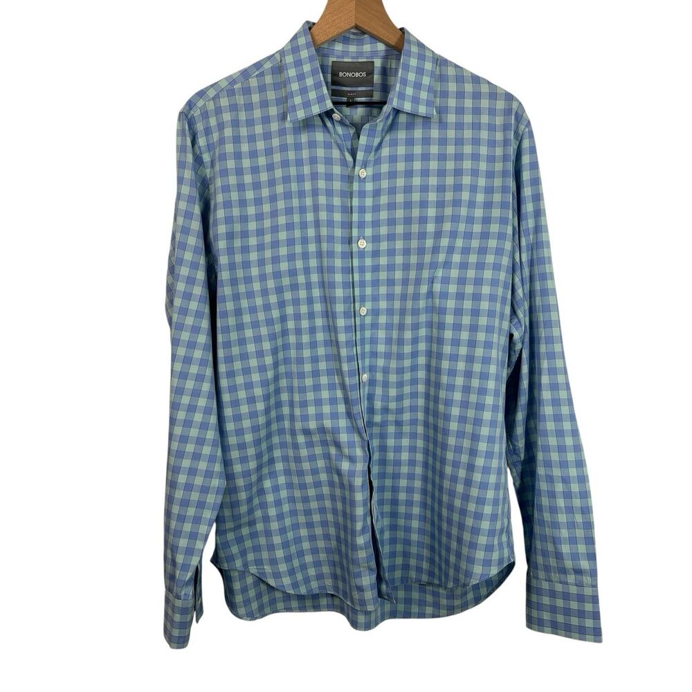 Bonobos Mens Shirt Large Green Blue Plaid Long Sleeve Preppy Slim Fit‎ Button
